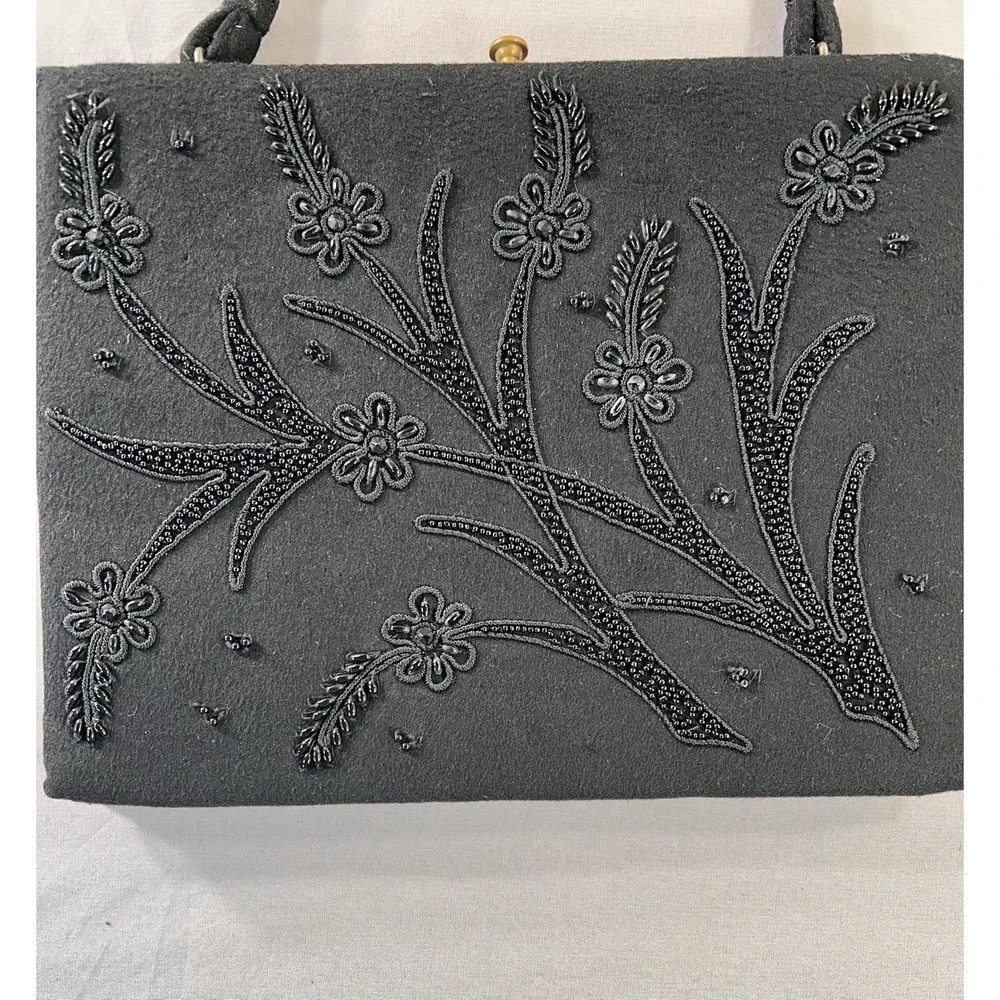 Vintage Soure black felt wool beaded purse 1940's Art Deco‎ Art Nouveau Classic